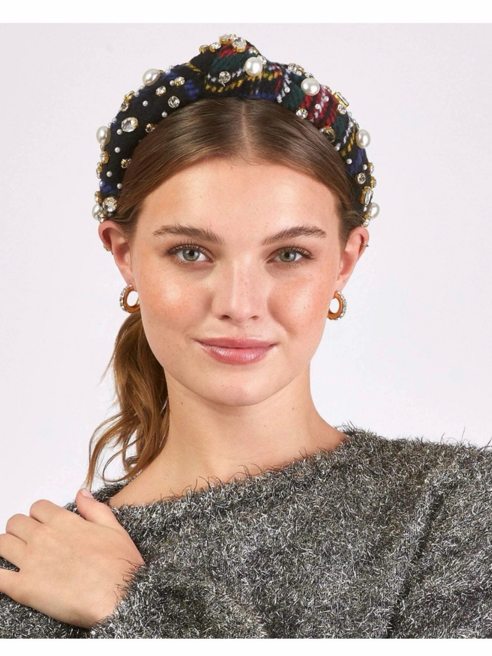 Lele Sadoughi Pearl and Crystal Flannel Knotted Headband Jet Plaid One Size